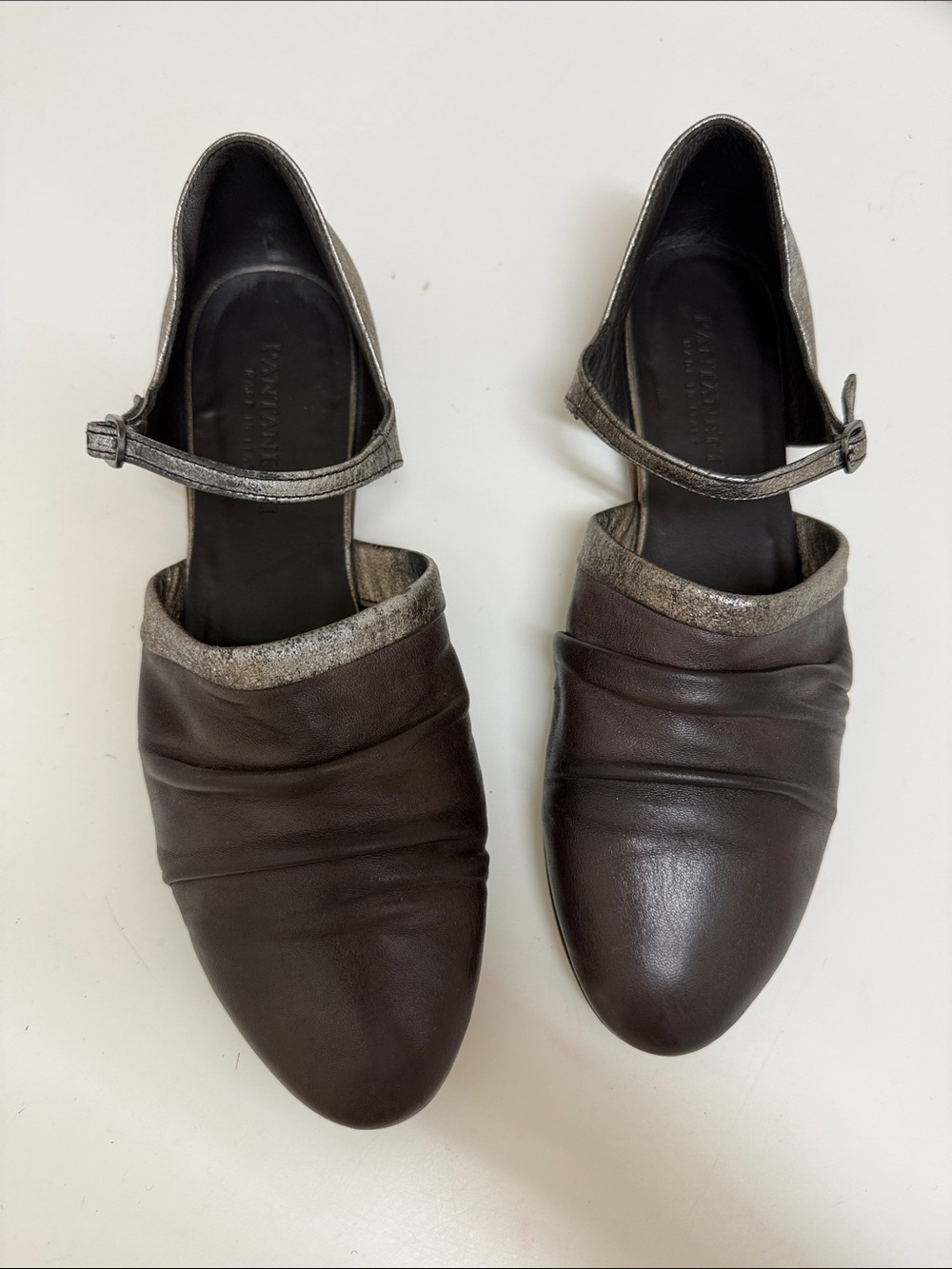 Pantanetti Women's Brown Leather Mary Jane Flats with Pewter Trim